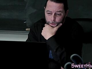 Blonde Teen in Uniform Gets Cumshot from Glasses-Wearing Teacher