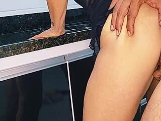 Fucking blonde wife on the sink and cumming inside her pussy