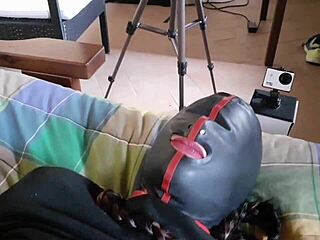 Hogtied on bed in sexy clothes, blindfolded sucking fat cock and rough fucked.