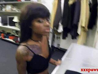 ebony chick sells her stuff then gets pounded by a monster cock. hidden cam catches the blowjob and spying.