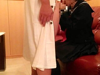 in sailor uniform cosplay, the couple kisses and climaxes from fingering and cunnilingus before blowjob and creampie