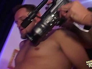 Naughty blonde offers her perfect ass to two men for the magazine cover, leading to intense double penetration