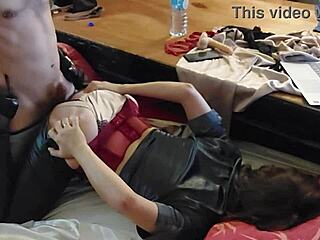 French Amateur Slut Black Leather Pants Satin White Panties Satin Grey Shirt Garter Belt Stockings Heels Doggy Style Blowjob Rimming