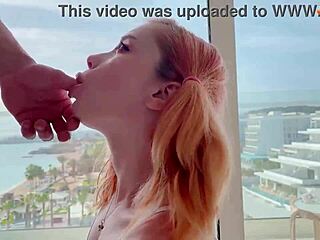 Redhead girlfriend deepthroats before rough doggystyle pounding and cum inside.