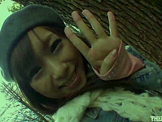 Intriguing japanese pornstar in winter knit hat supports solo play