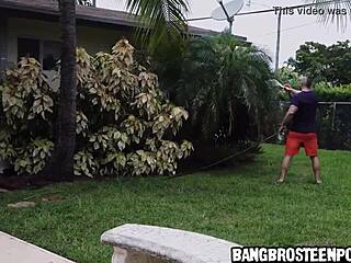 Hot Young Brunette Teases with Hose Before He Joins for Wild Fun