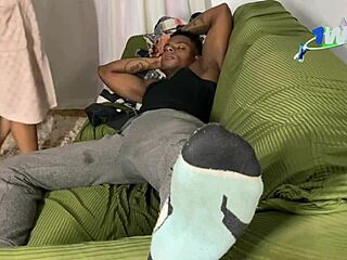 Skinny girl endures big cock while sister-in-law records on sofa