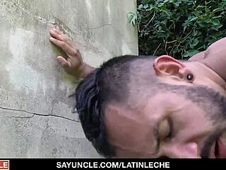 Latino cuties with tattoos bang by the pool