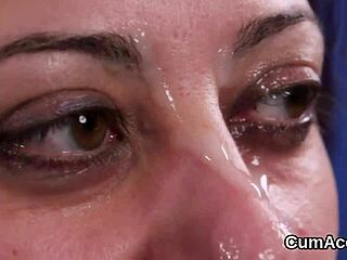 randy honey swallows cumshot on her face in blowbang