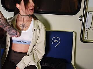 Brunette publicly sucked cock and got banged in train car