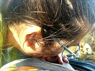 Hey, giving that hot blowjob by the lake in public!