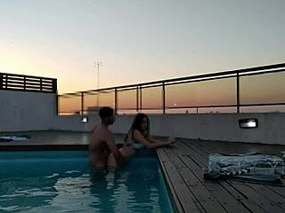 Cumming A Lot In Pool At Sunset