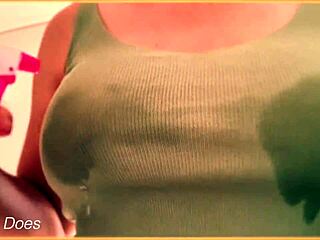 Wife shows off her braless wet shirt and big tits