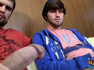 Big Dick Thug Wanked Off by Hard Cumming Twink in Wild Scene