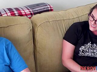 Busty amateur tricked into sucking a nerd for facial