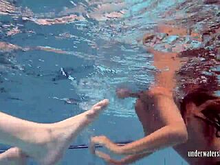 Bushy brunette girls with round asses strip and swim underwater