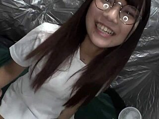 Asian Babe in WHITE COAT Teases and Licks Shaved Pussy to ORGASM