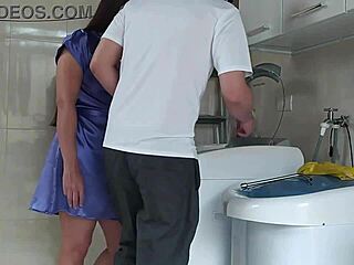 casada teases technician with see-through robe while fixing washer at home