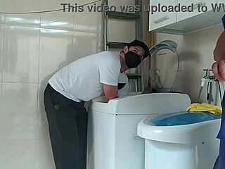 casada teases technician with see-through robe while fixing washer at home