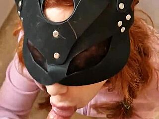 Slut redhead gets rough pussy fuck and blowjob in kitchen, visible to neighbors