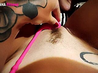 Horny brunette rubs her big clit to orgasm