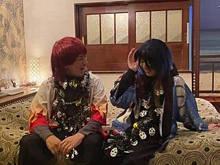 Asian wife in Halloween costume gets deepthroat and raw creampie on wild night