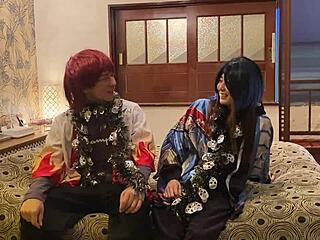 Asian wife in Halloween costume gets deepthroat and raw creampie on wild night