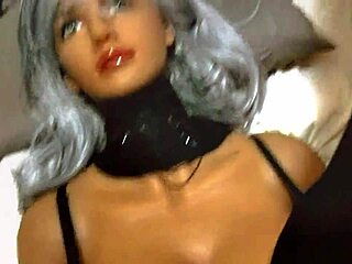 Real sex doll pounded hard by big black cock in shiny stockings