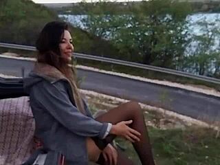 Twice Pissing on Retro Car Tow Bar Before Intense Orgasmic Fucking Outdoors.