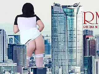 wow giant lady without panties struts city streets, towering like king kong with bare pussy lips exposed