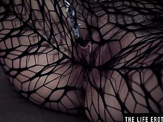 Skinny Milf Wearing Nipple Clips and Mesh Stockings Masturbates