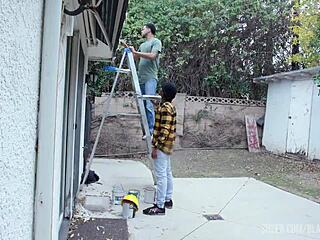 bella rolland's solo dildo play turns into rough anal by two workers.