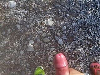 Barbara Angel in red corset slams pink dildo and hard black cock