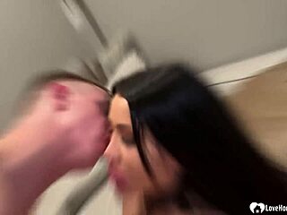 Beauty in fishnets delivers intense sucking and deepthroat face fucking