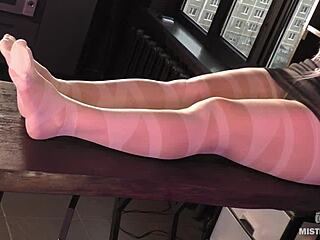 Goddess In White Pantyhose Wiggling Nylon Feet And Toes On Table