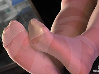 Goddess In White Pantyhose Wiggling Nylon Feet And Toes On Table