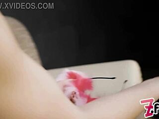 Dominatrix in pet play controls tattooed cat-girl with anal butt plug