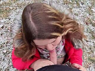 drooling facial from chubby girlfriend's outdoor blowjob with big boobs