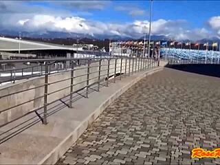Blonde Flashes Panties in Public at Olympic Park Sochi 2014