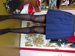 Custom leg show video featuring skirt, shoes, stockings, and feet.