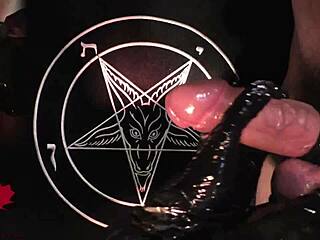 amateurs give close-up handjob in latex gloves, tribute to baphomet 😈