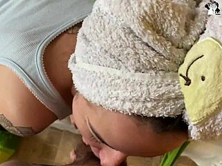 horny bitch with big tits sucks on a new phone