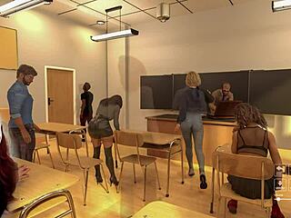 College babe in 3d cartoon without panties under the desk