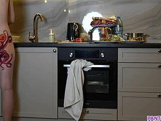 Naked housewife with octopus tattoo cooks dinner in kitchen, ignoring you! 😅