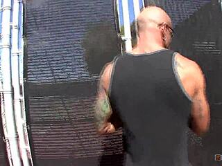 Muscular Hunk Cums on Blonde's Pierced Nipples