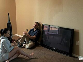 curvy latina wife kisses the cable guy while husband is away