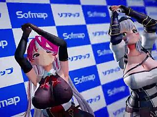 Houshou Marine And Shirokane Noel In Pink Cat Mmd Hentai Action