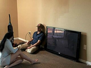 curvy latina wife kisses the cable guy while husband is away