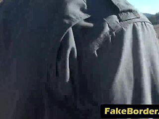 Lured by fake border patrol, beautiful brunette girlfriend gets excited!