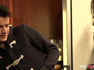 after work, european girl gets huge bar facial on her tits and ass.